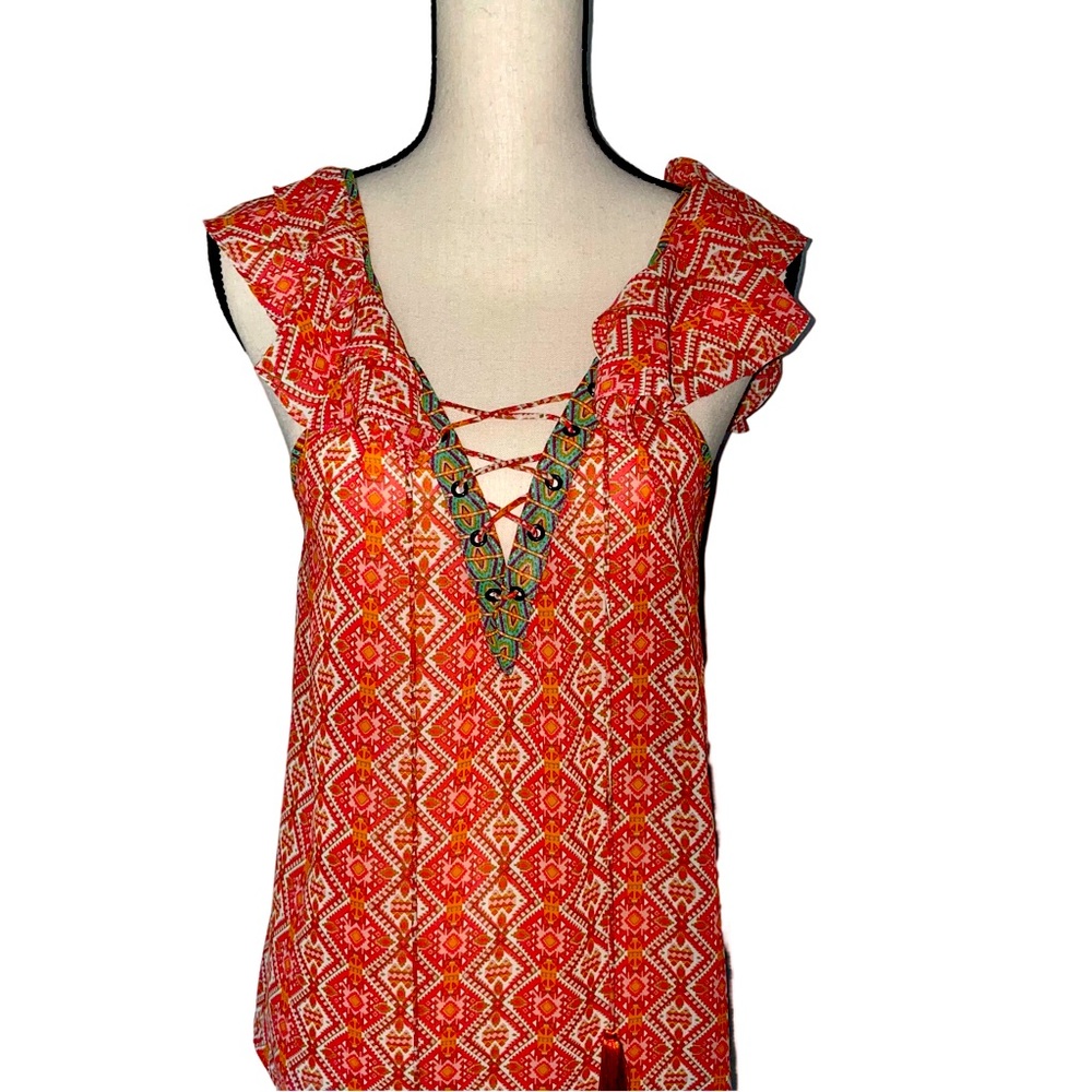 KAS NEW YORK Sleeveless Ruffle Tank Top Blouse Coral/Orange Print.